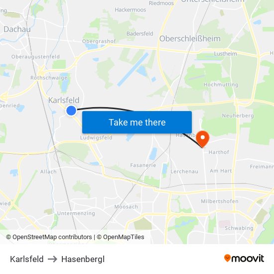 Karlsfeld to Hasenbergl map