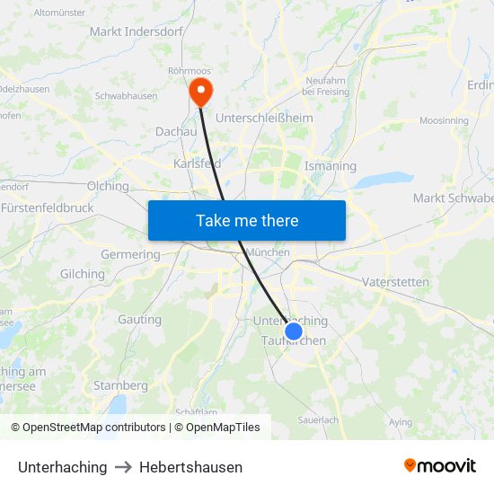 Unterhaching to Hebertshausen map