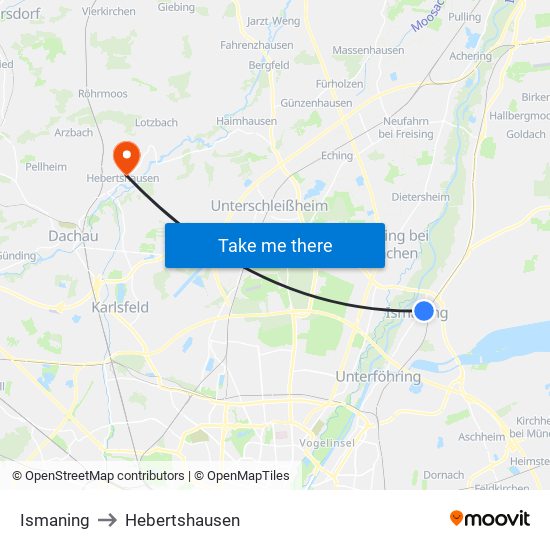 Ismaning to Hebertshausen map