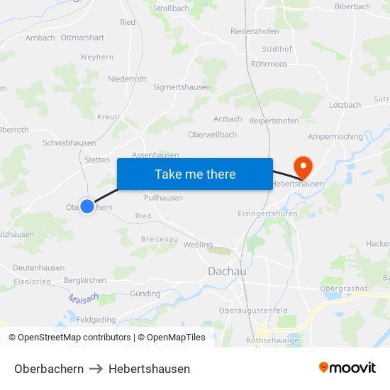 Oberbachern to Hebertshausen map