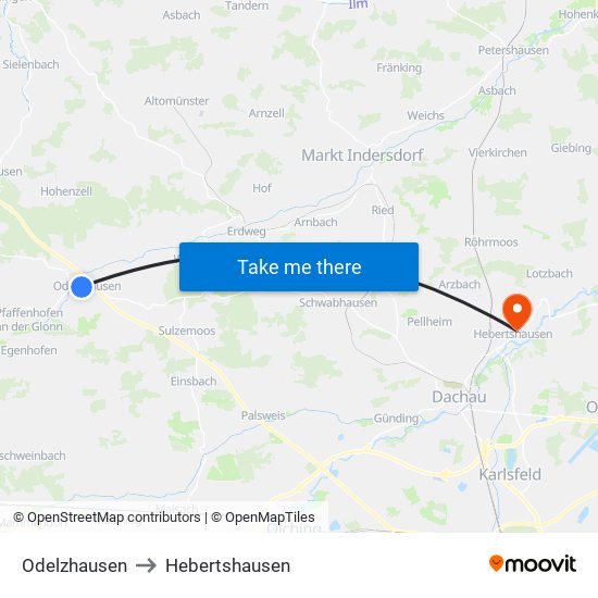 Odelzhausen to Hebertshausen map