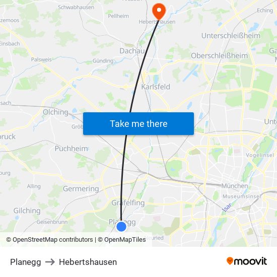 Planegg to Hebertshausen map