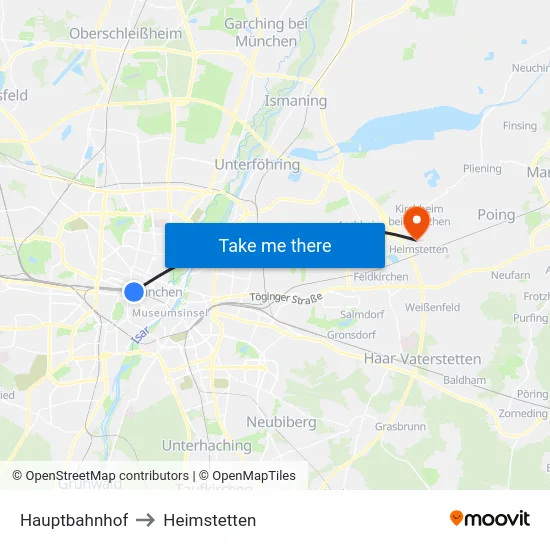 Hauptbahnhof to Heimstetten map