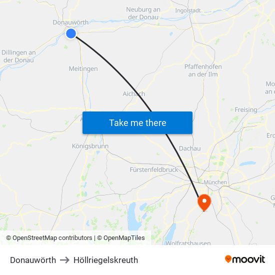 Donauwörth to Höllriegelskreuth map