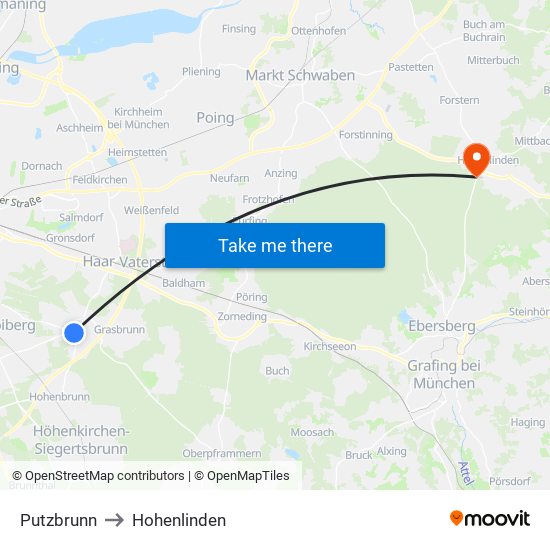 Putzbrunn to Hohenlinden map