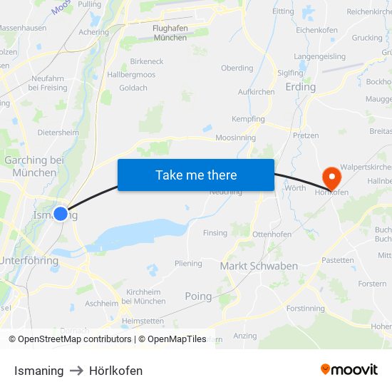 Ismaning to Hörlkofen map