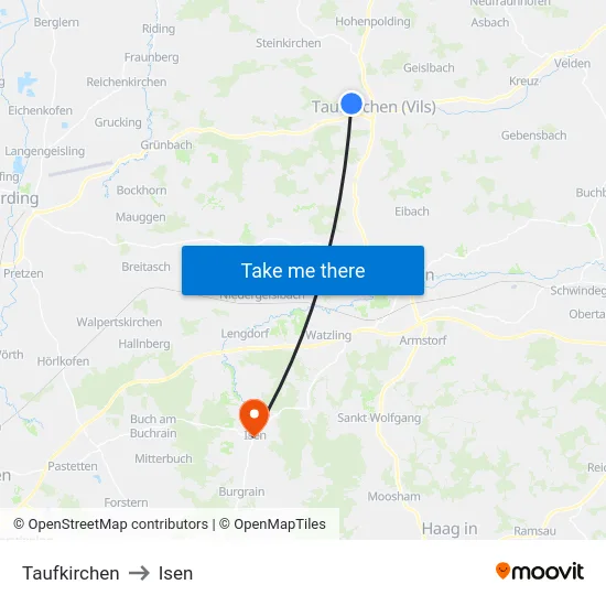 Taufkirchen to Isen map