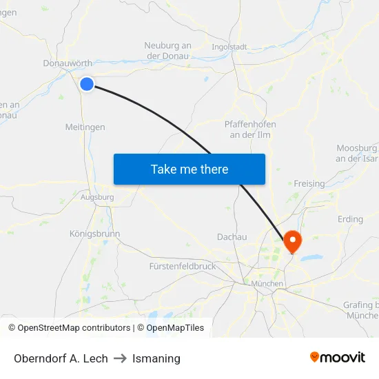Oberndorf A. Lech to Ismaning map