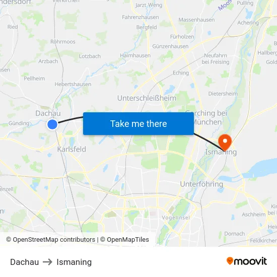 Dachau to Ismaning map