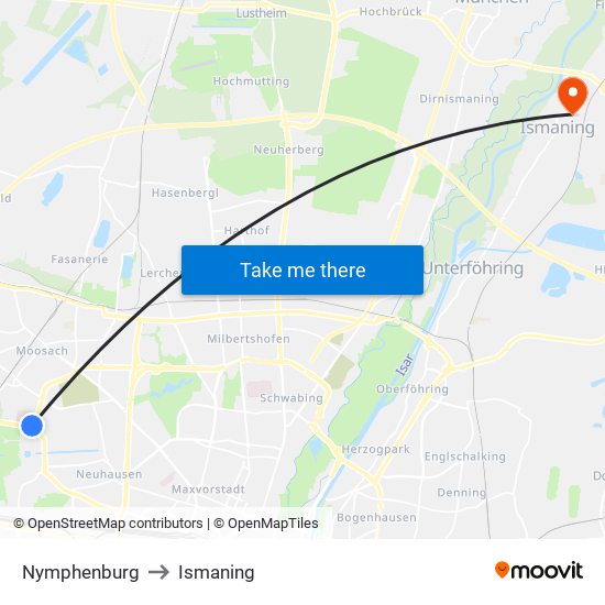 Nymphenburg to Ismaning map