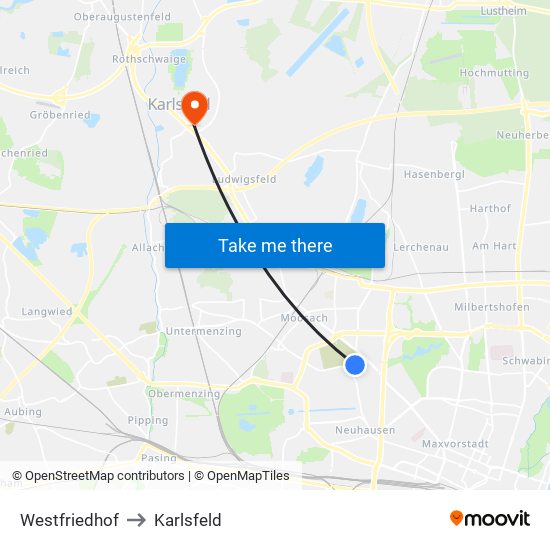 Westfriedhof to Karlsfeld map