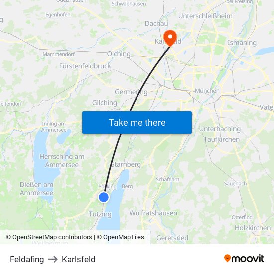 Feldafing to Karlsfeld map