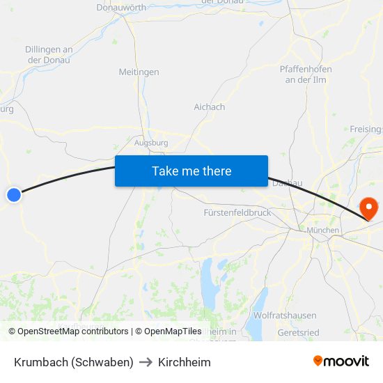 Krumbach (Schwaben) to Kirchheim map