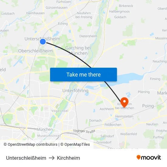 Unterschleißheim to Kirchheim map