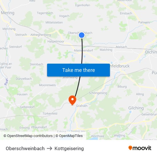 Oberschweinbach to Kottgeisering map