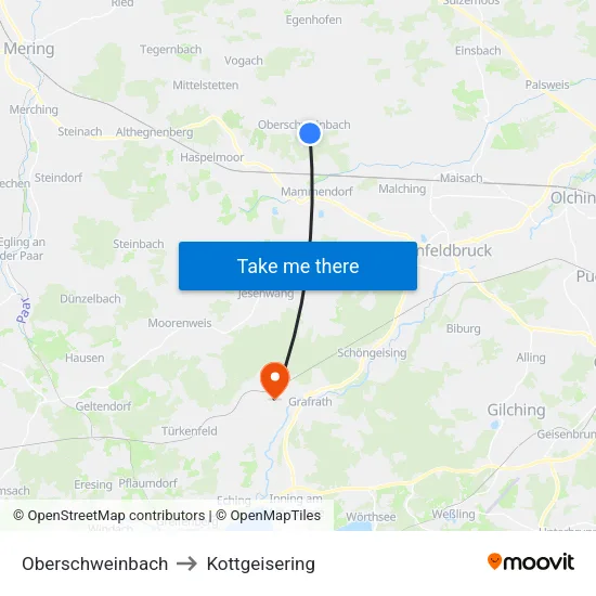 Oberschweinbach to Kottgeisering map