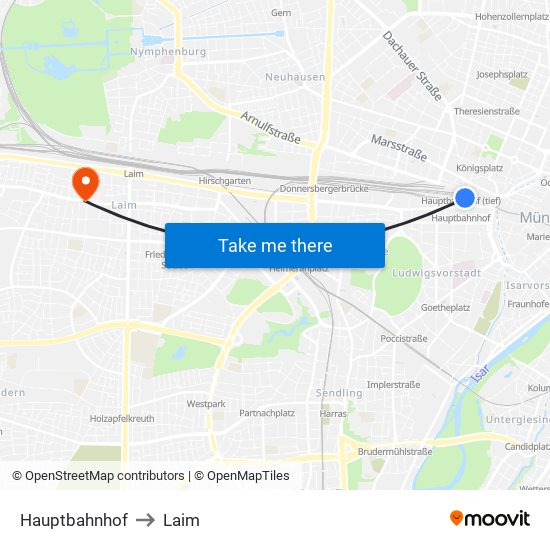 Hauptbahnhof to Laim map