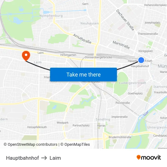 Hauptbahnhof to Laim map