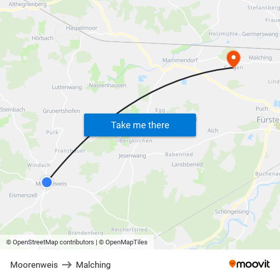 Moorenweis to Malching map