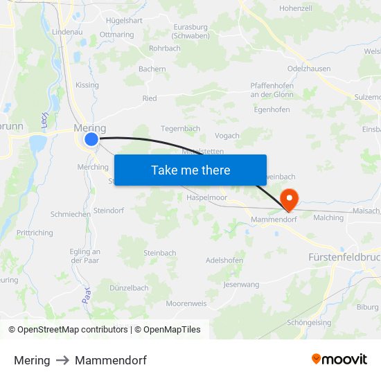 Mering to Mammendorf map