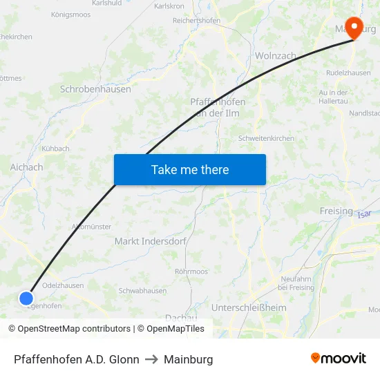 Pfaffenhofen A.D. Glonn to Mainburg map