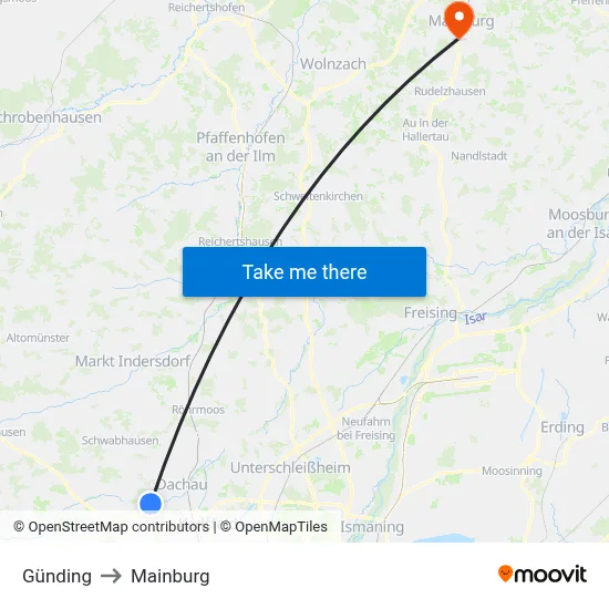 Günding to Mainburg map
