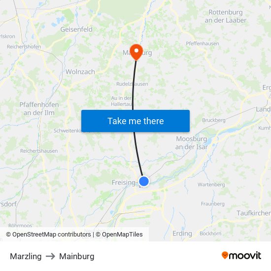 Marzling to Mainburg map