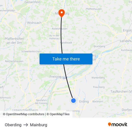 Oberding to Mainburg map