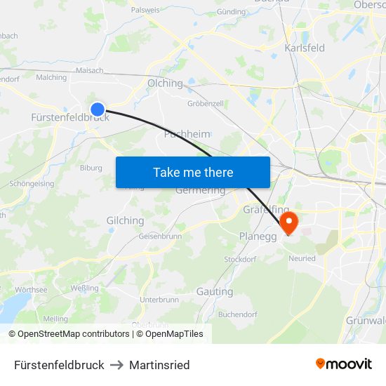 Fürstenfeldbruck to Martinsried map