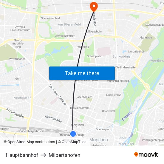 Hauptbahnhof to Milbertshofen map