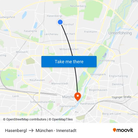 Hasenbergl to München - Innenstadt map