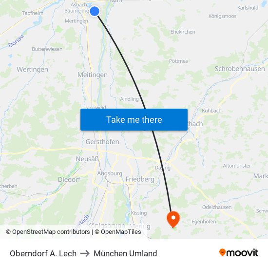 Oberndorf A. Lech to München Umland map