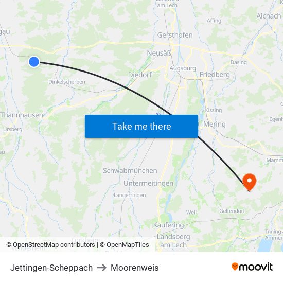 Jettingen-Scheppach to Moorenweis map