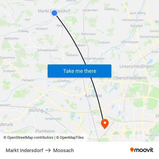 Markt Indersdorf to Moosach map