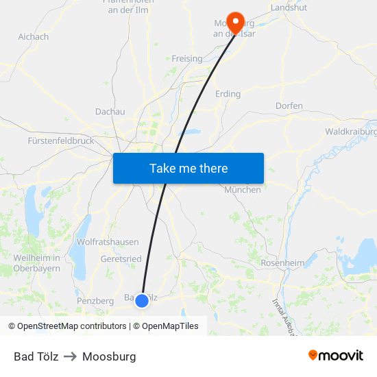 Bad Tölz to Moosburg map