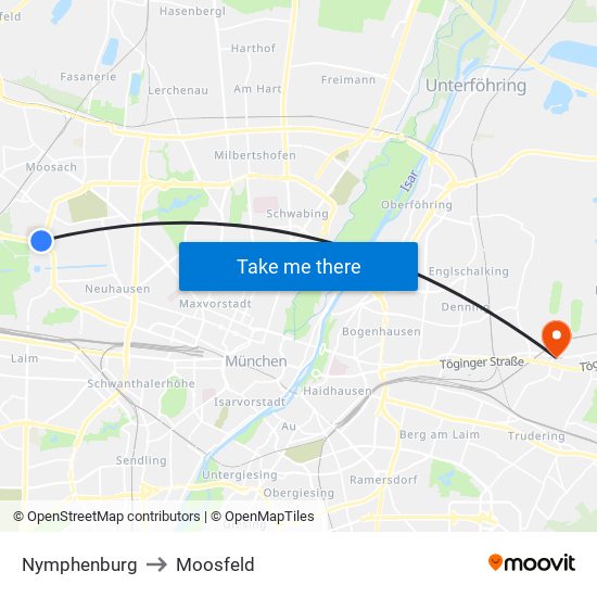 Nymphenburg to Moosfeld map