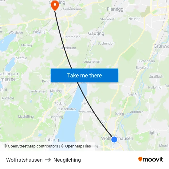 Wolfratshausen to Neugilching map
