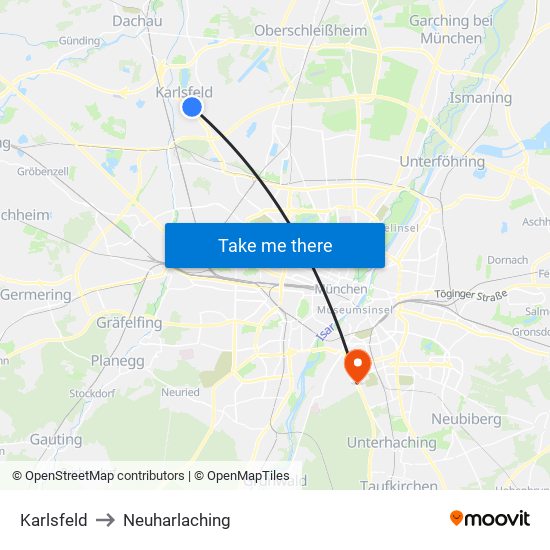 Karlsfeld to Neuharlaching map