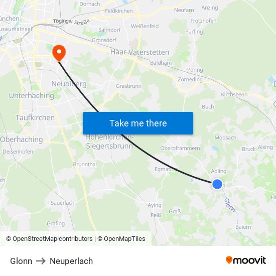 Glonn to Neuperlach map