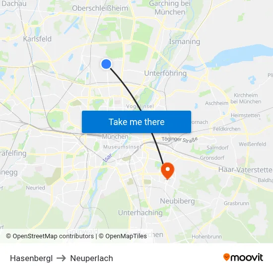 Hasenbergl to Neuperlach map