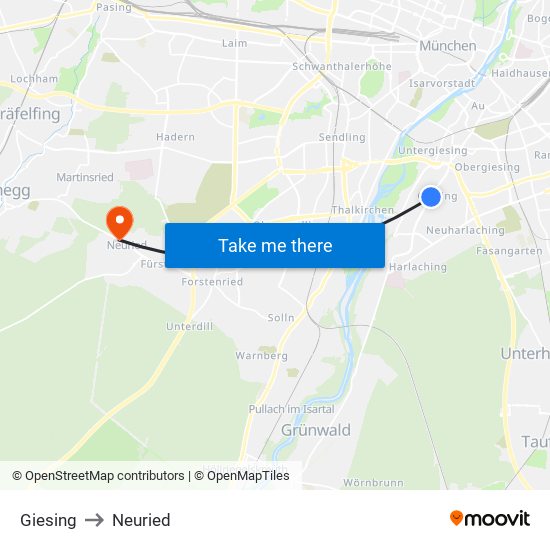 Giesing to Neuried map