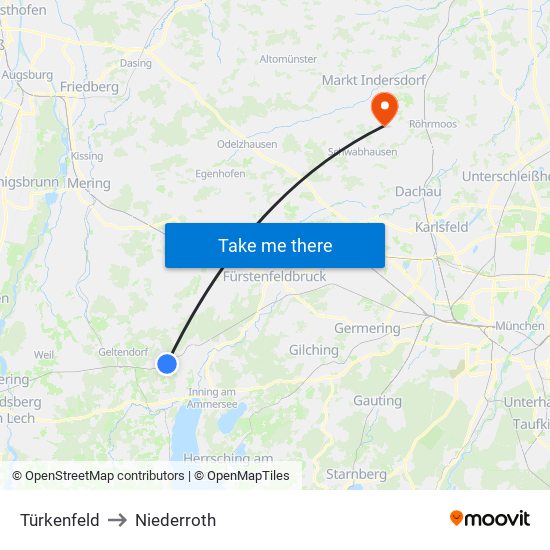 Türkenfeld to Niederroth map