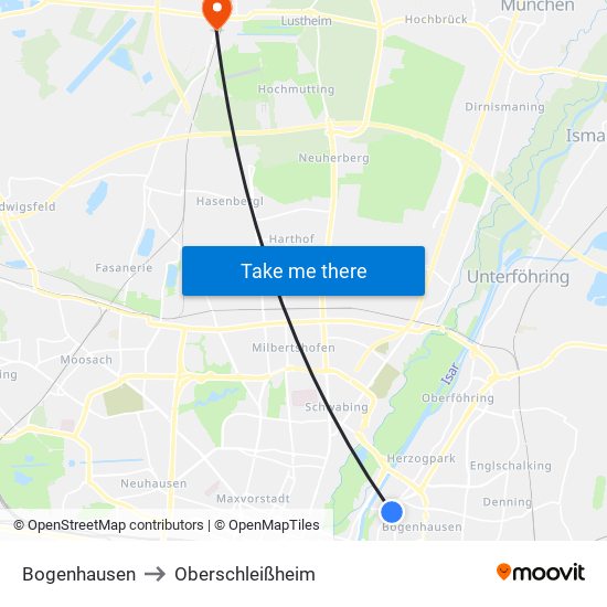 Bogenhausen to Oberschleißheim map