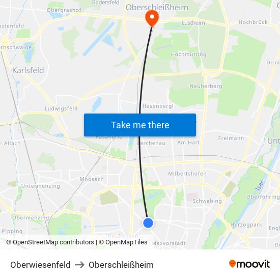 Oberwiesenfeld to Oberschleißheim map