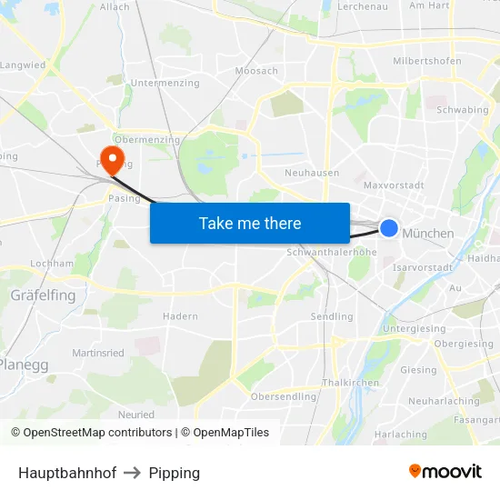 Hauptbahnhof to Pipping map