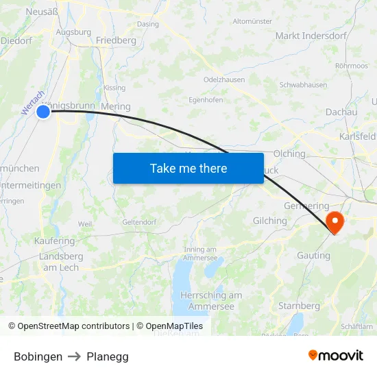 Bobingen to Planegg map