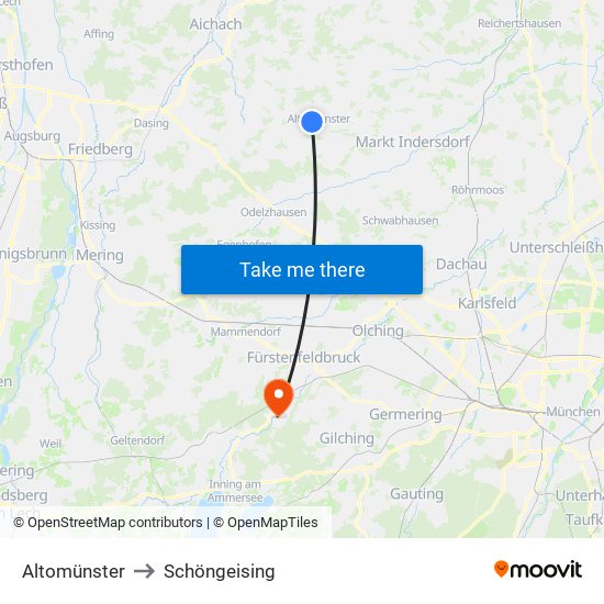 Altomünster to Schöngeising map