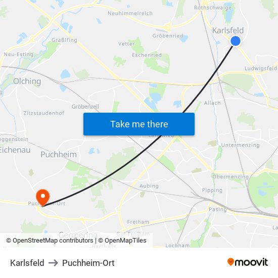 Karlsfeld to Puchheim-Ort map