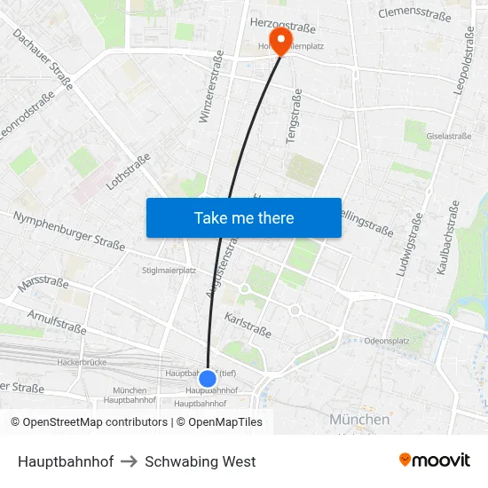 Hauptbahnhof to Schwabing West map