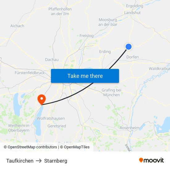 Taufkirchen to Starnberg map